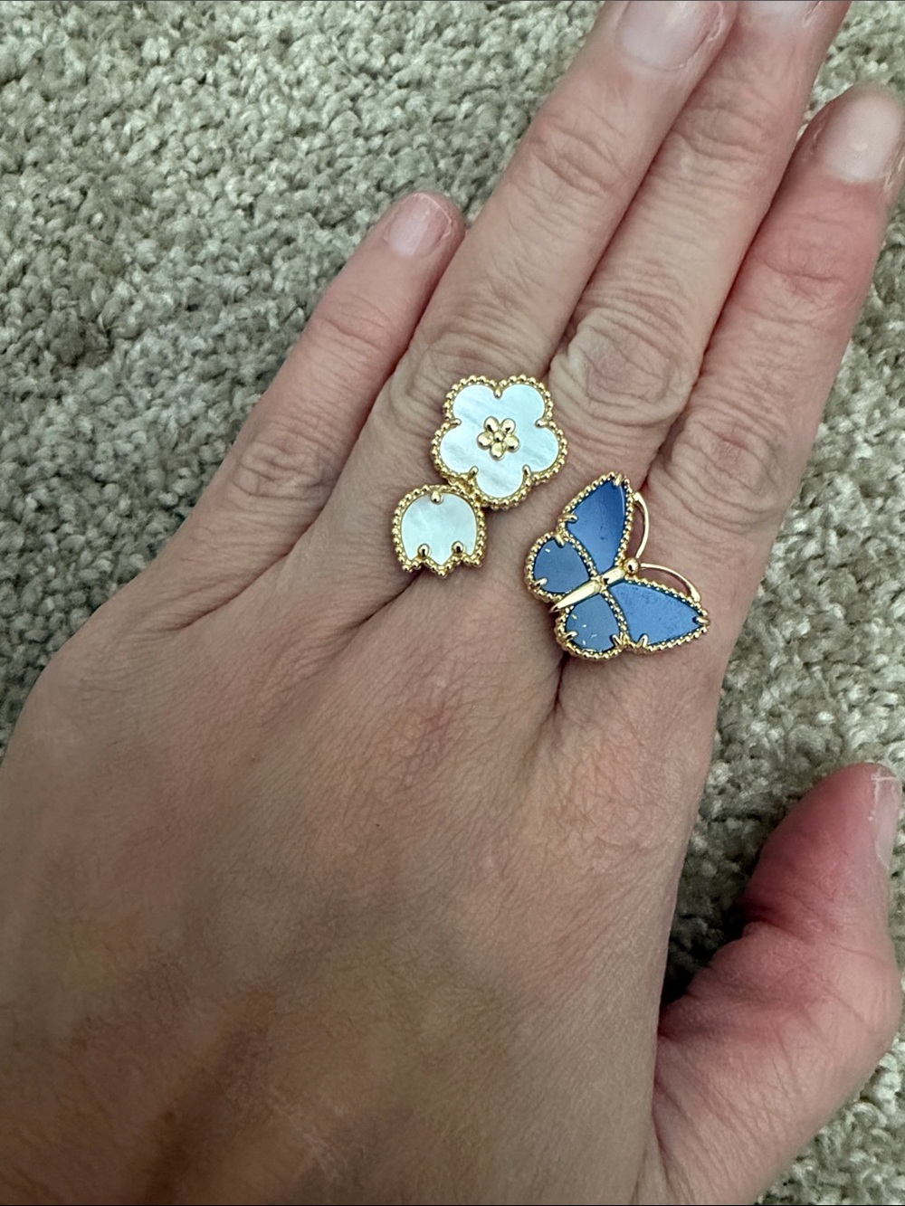 Van Cleef & Arpels Blue Butterfly and White Alhambra Gold Ring